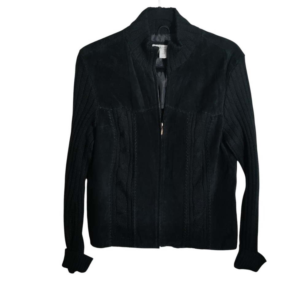 ColdWater Creek Black Leather Jacket With Knit Sleeves Size XL